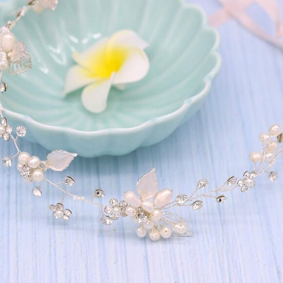 Bridal Crystal Headband with Pearls Flower Design Silver Wedding Hair Accessory main image 6